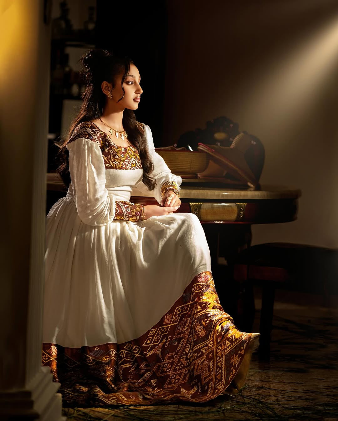 Stunning Brown & Gold Habesha Kemis - Handwoven Ethiopian Traditional Dress by Tsehaye Mehari