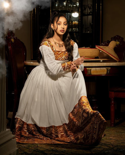 Stunning Brown & Gold Habesha Kemis - Handwoven Ethiopian Traditional Dress by Tsehaye Mehari