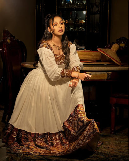 Stunning Brown & Gold Habesha Kemis - Handwoven Ethiopian Traditional Dress by Tsehaye Mehari