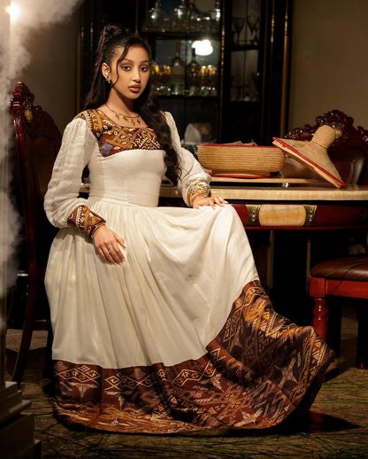Stunning Brown & Gold Habesha Kemis - Handwoven Ethiopian Traditional Dress by Tsehaye Mehari