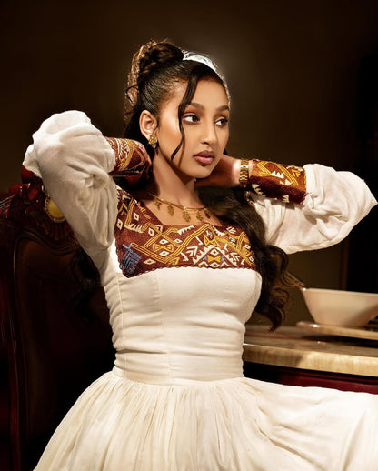 Stunning Brown & Gold Habesha Kemis - Handwoven Ethiopian Traditional Dress by Tsehaye Mehari