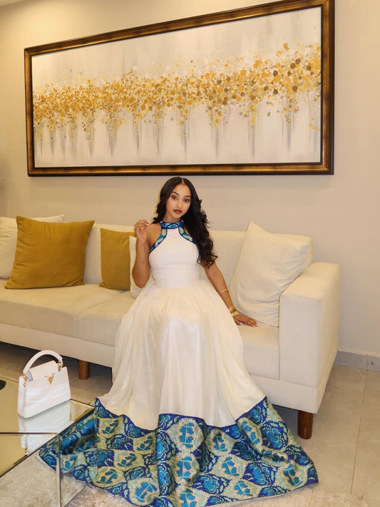 Blue Habesha Kemis – Elegant Custom-Made Ethiopian Traditional Dress for weddings