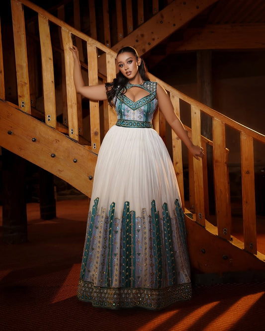 Blue Ethiopian Dress with Bold Tilf– Habesha Kemis for Cultural Occasions