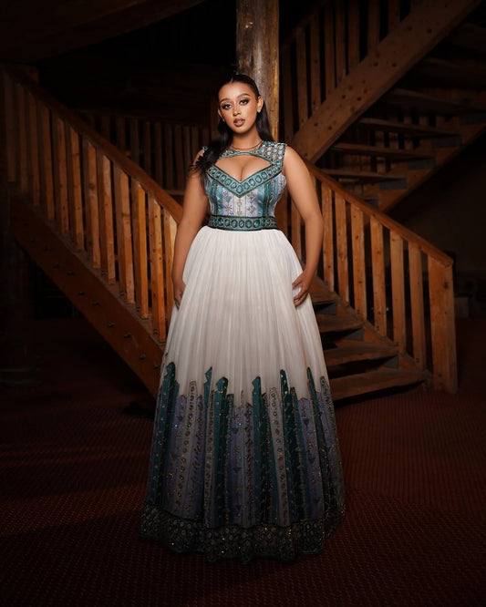 Blue Ethiopian Dress with Bold Tilf– Habesha Kemis for Cultural Occasions
