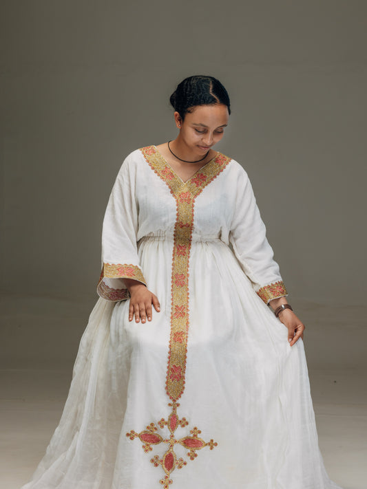 Gold Ethiopian Dress Handwoven Cotton Tilet Embroidery for Timkat