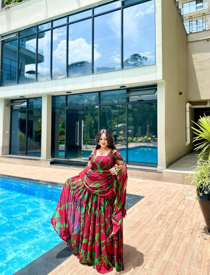 Vibrant Red Floral Habesha Chiffon Dress | Elegant Tiered Full-Length kemis
