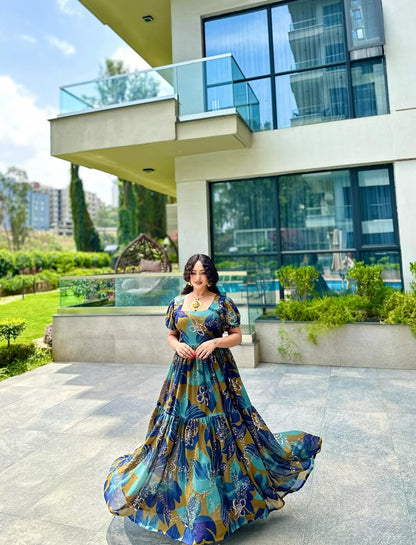 Blue Floral Habesha Chiffon Dress – Ethiopian Fashion for Special Occasions