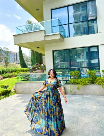 Blue Floral Habesha Chiffon Dress – Ethiopian Fashion for Special Occasions