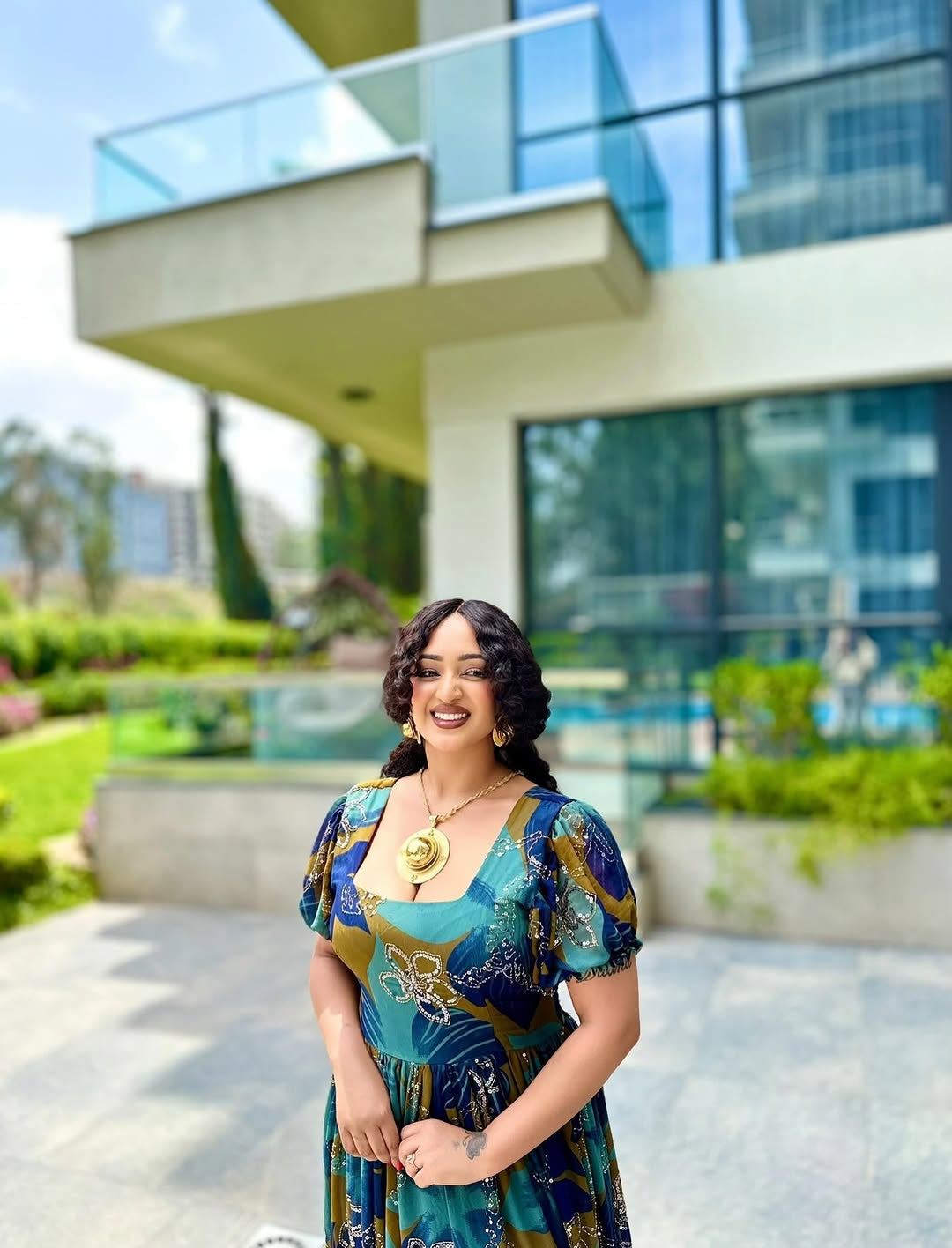 Blue Floral Habesha Chiffon Dress – Ethiopian Fashion for Special Occasions