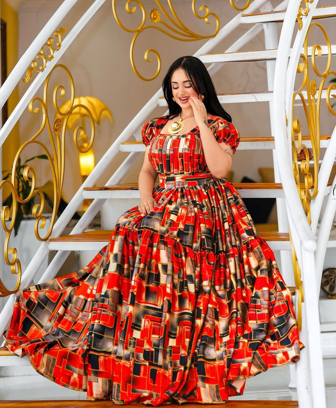 Modern Red Geometric Habesha Chiffon Dress | Traditional Ethiopian Dress for Weddings & Occasions