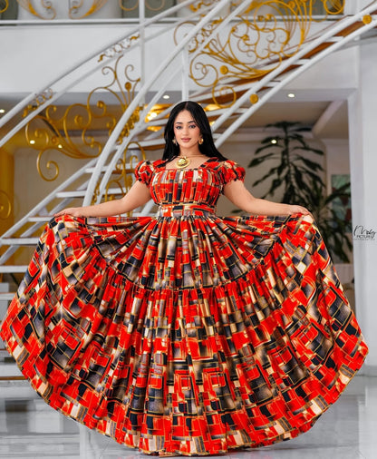 Modern Red Geometric Habesha Chiffon Dress | Traditional Ethiopian Dress for Weddings & Occasions
