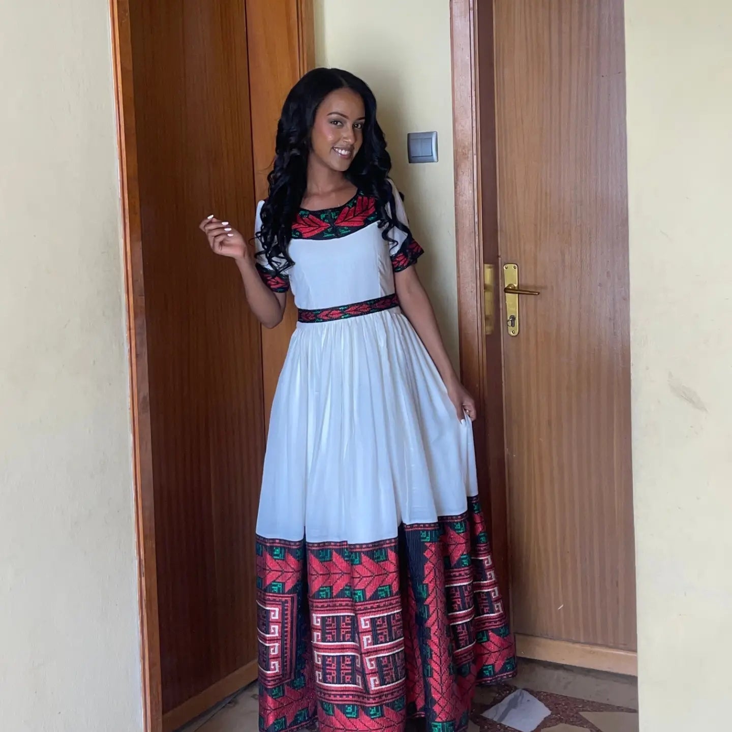 Red Habesha Dress – Handwoven Cotton Zuria with Geometrical Bodice Design