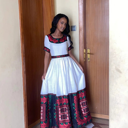 Red Habesha Dress – Handwoven Cotton Zuria with Geometrical Bodice Design