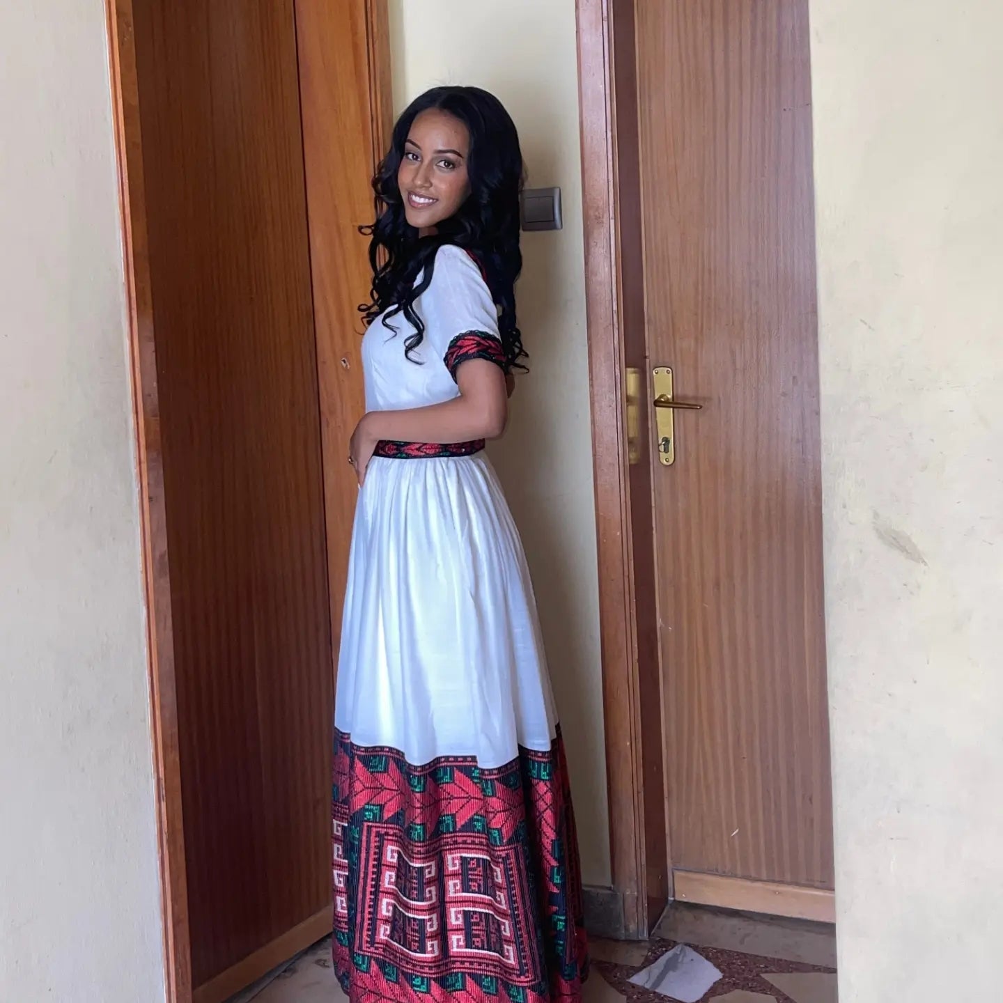 Red Habesha Dress – Handwoven Cotton Zuria with Geometrical Bodice Design