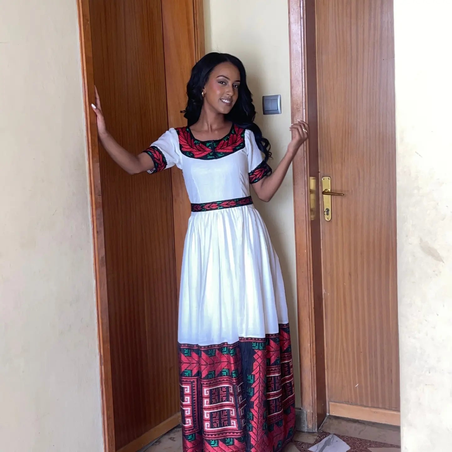 Red Habesha Dress – Handwoven Cotton Zuria with Geometrical Bodice Design
