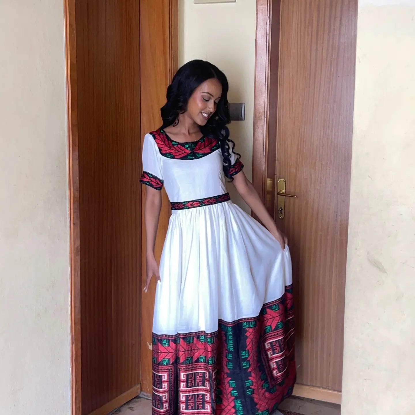 Red Habesha Dress – Handwoven Cotton Zuria with Geometrical Bodice Design