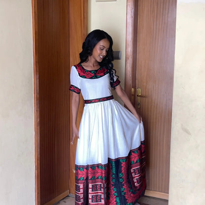 Red Habesha Dress – Handwoven Cotton Zuria with Geometrical Bodice Design