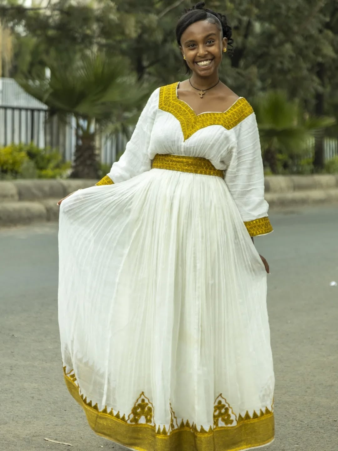 Simple Traditional Ethiopian Dress with Yellow Embroidery – White Cotton Habesha Dress