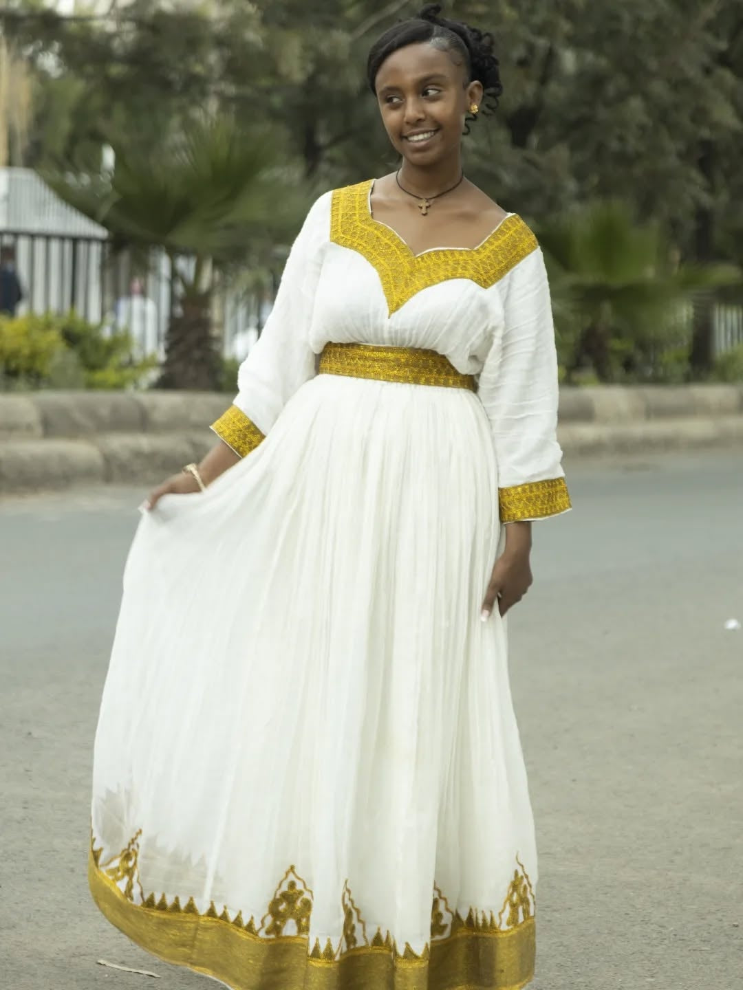 Simple Traditional Ethiopian Dress with Yellow Embroidery – White Cotton Habesha Dress