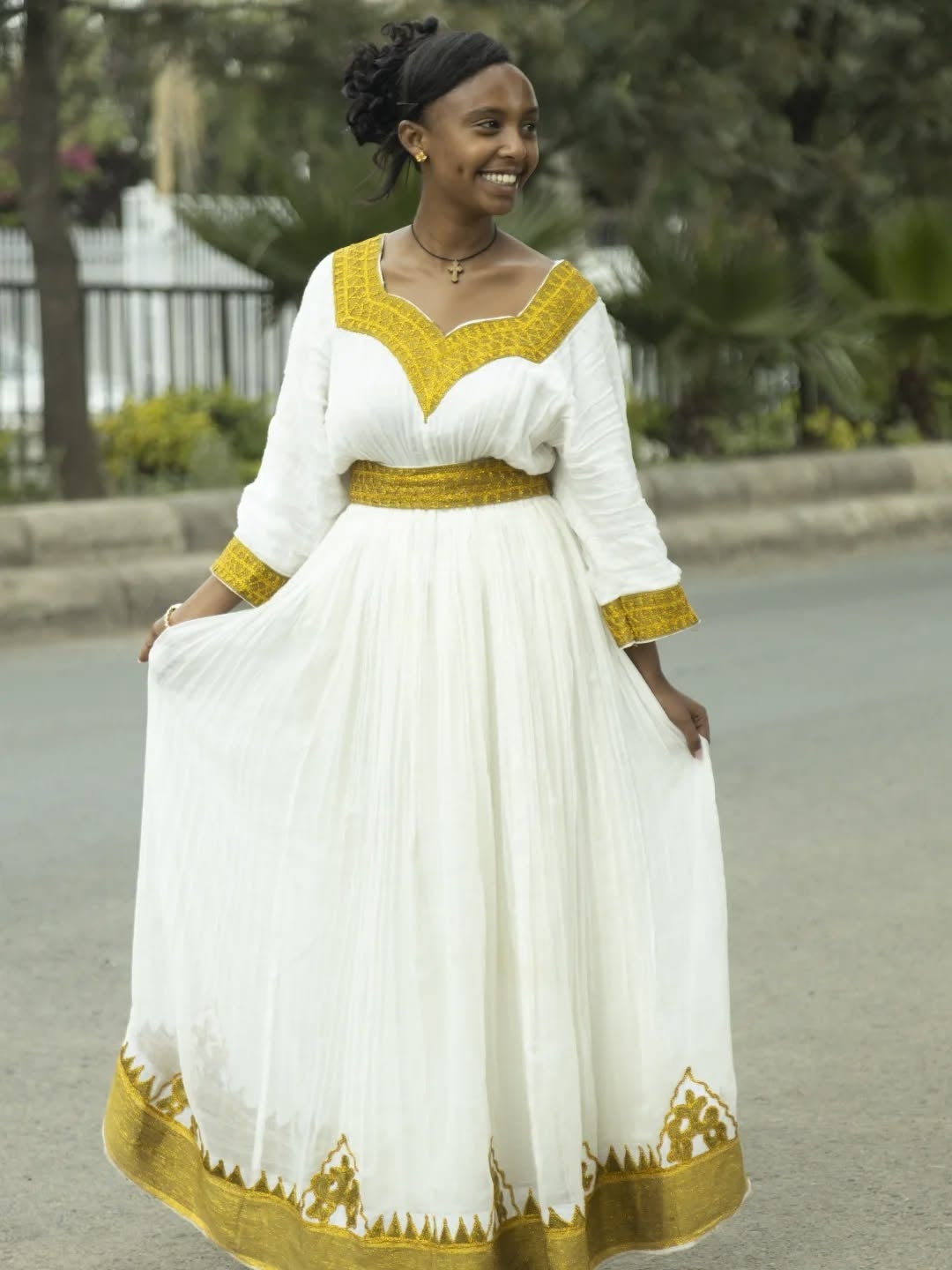 Simple Traditional Ethiopian Dress with Yellow Embroidery – White Cotton Habesha Dress