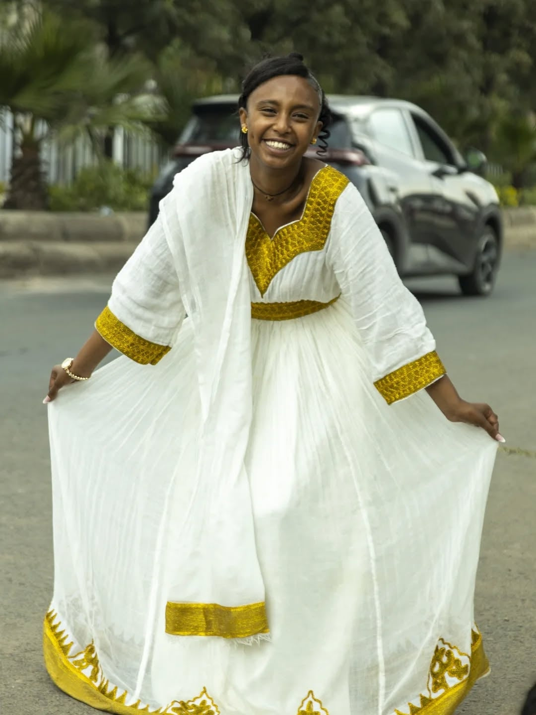 Simple Traditional Ethiopian Dress with Yellow Embroidery – White Cotton Habesha Dress