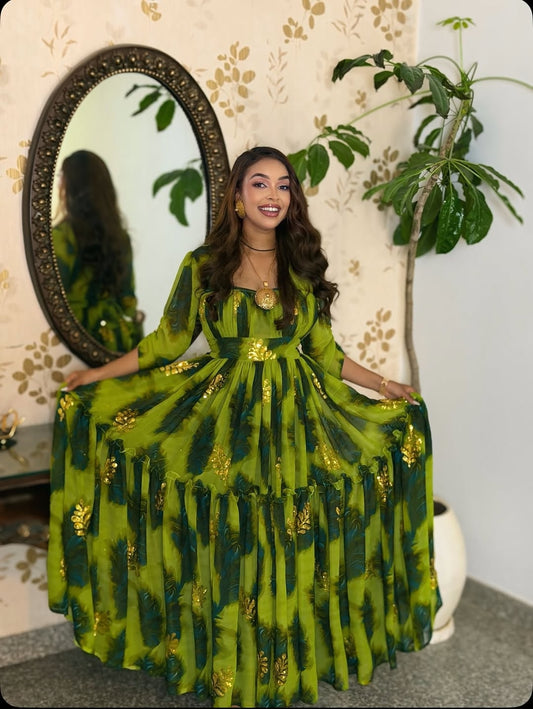 Green Habesha Chiffon Dress – Lightweight Flowing Ethiopian Outfit for Weddings and Cultural Celebrations