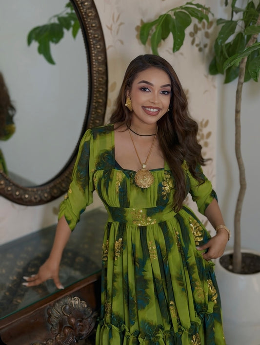 Green Habesha Chiffon Dress – Lightweight Flowing Ethiopian Outfit for Weddings and Cultural Celebrations