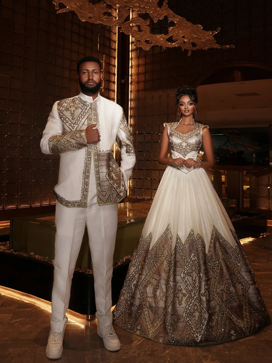 Silver & Gold Ethiopian Matching Couple Set – Luxury Habesha Wedding Outfit with Metallic Embroidery and Modern Bridal dress with Coordinated shirt