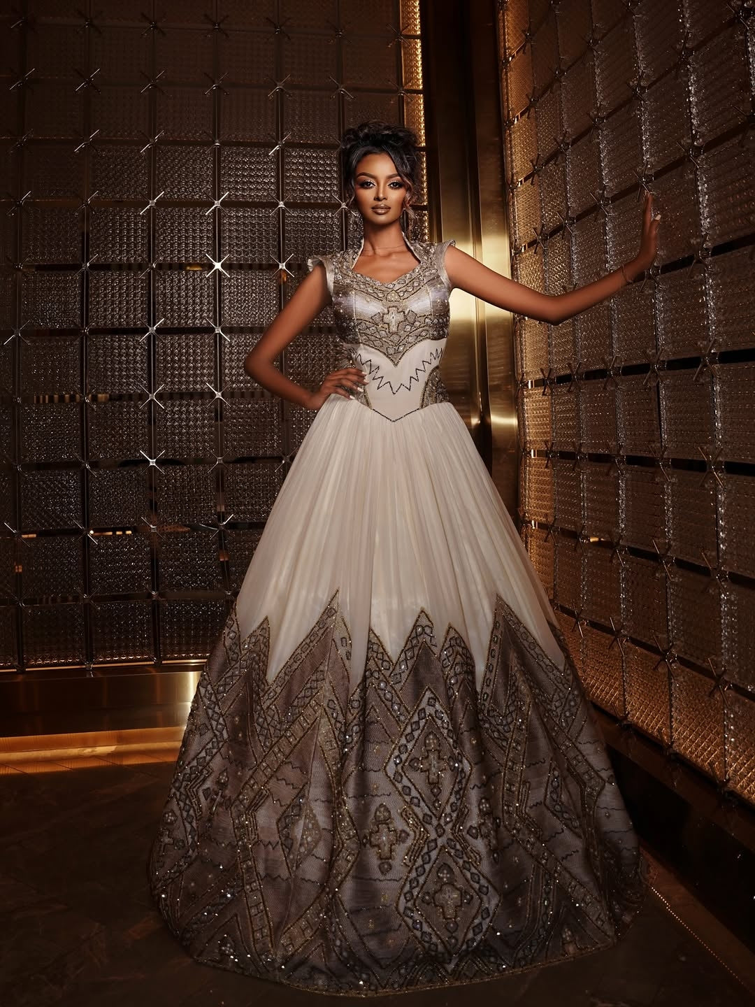 Silver & Gold Ethiopian Matching Couple Set – Luxury Habesha Wedding Outfit with Metallic Embroidery and Modern Bridal dress with Coordinated shirt