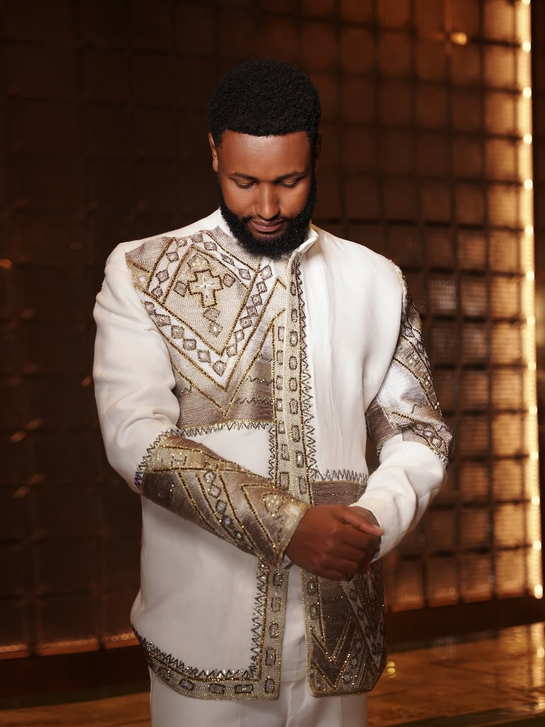 Silver & Gold Ethiopian Matching Couple Set – Luxury Habesha Wedding Outfit with Metallic Embroidery and Modern Bridal dress with Coordinated shirt