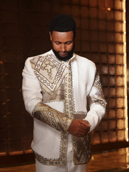 Silver & Gold Ethiopian Matching Couple Set – Luxury Habesha Wedding Outfit with Metallic Embroidery and Modern Bridal dress with Coordinated shirt