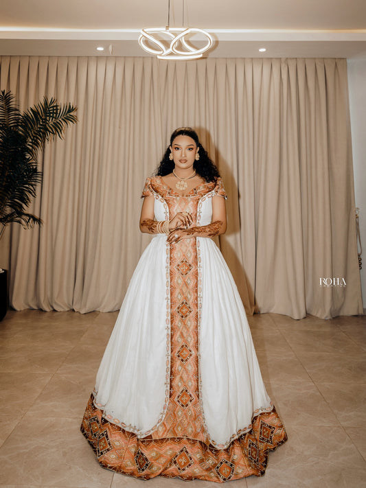 Gold Habesha Dress – Elegant Handwoven Zuria with Geometrical Tilf for Weddings