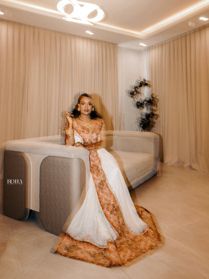 Gold Habesha Dress – Elegant Handwoven Zuria with Geometrical Tilf for Weddings