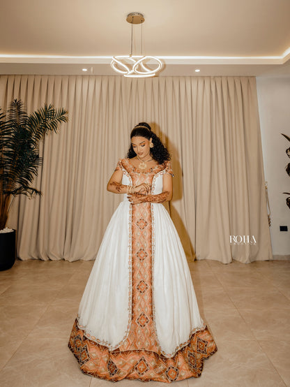 Gold Habesha Dress – Elegant Handwoven Zuria with Geometrical Tilf for Weddings