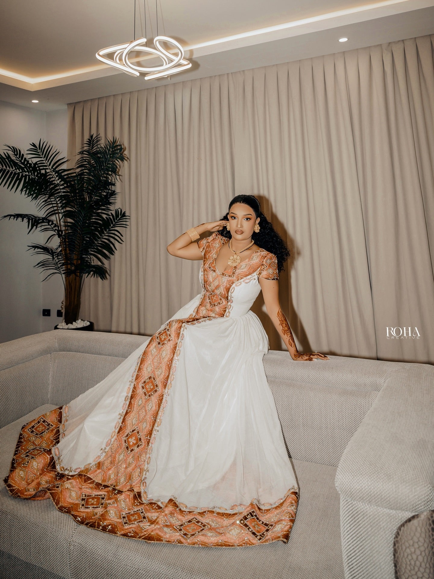 Gold Habesha Dress – Elegant Handwoven Zuria with Geometrical Tilf for Weddings