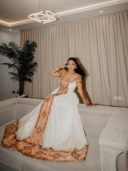 Gold Habesha Dress – Elegant Handwoven Zuria with Geometrical Tilf for Weddings