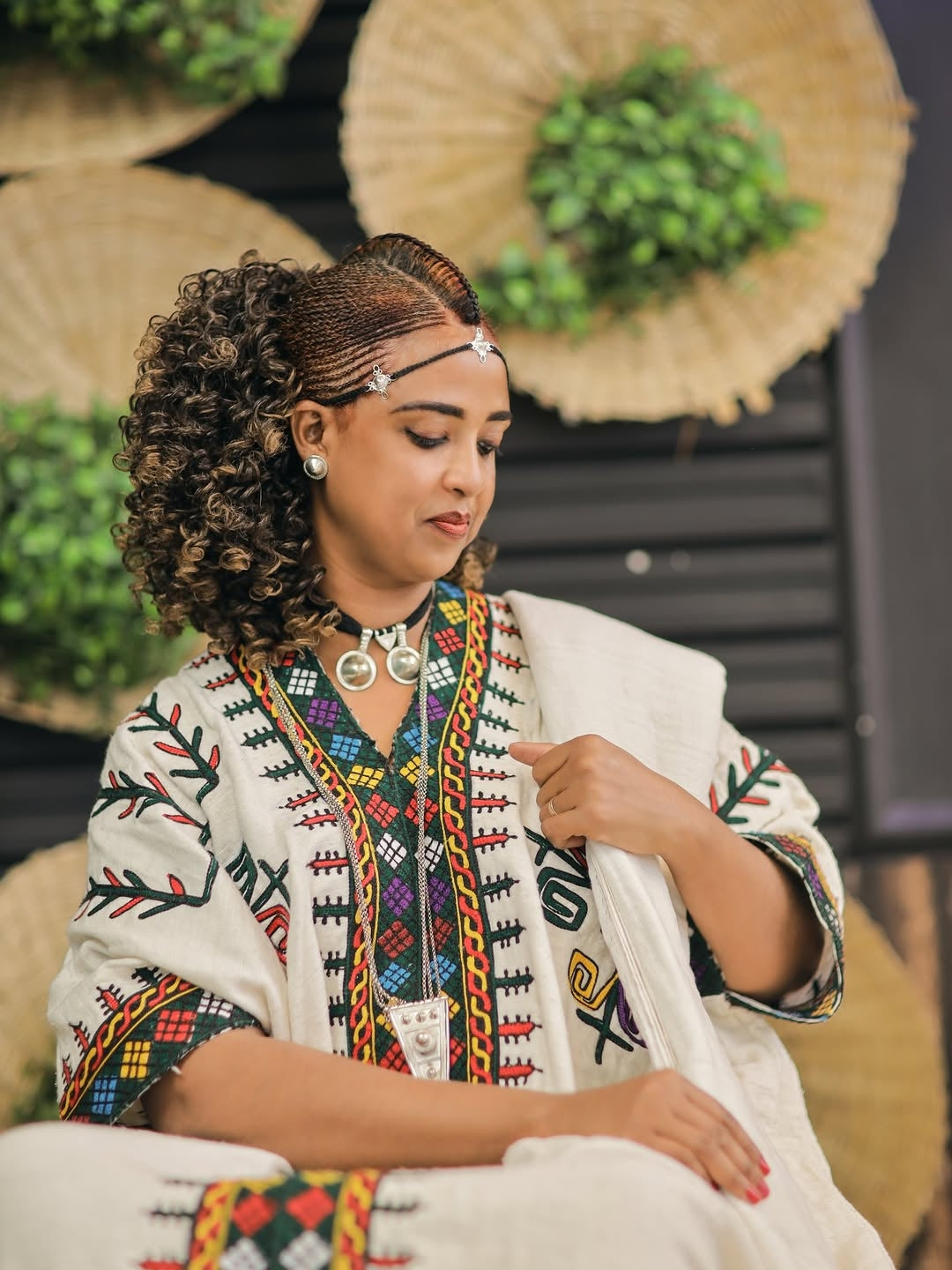 Green Gonder Fetel Habesha Kemis – Traditional Ethiopian Dress with Detailed Gonder-Style Stitching for Cultural Events