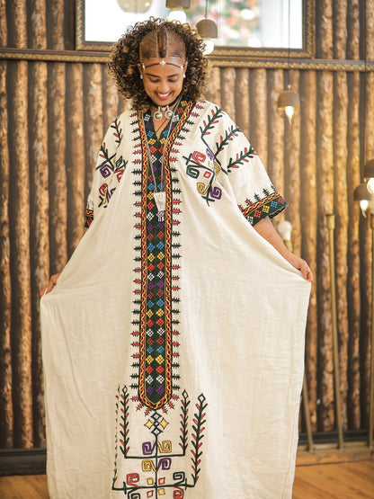 Green Gonder Fetel Habesha Kemis – Traditional Ethiopian Dress with Detailed Gonder-Style Stitching for Cultural Events