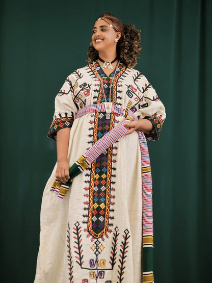 Green Gonder Fetel Habesha Kemis – Traditional Ethiopian Dress with Detailed Gonder-Style Stitching for Cultural Events
