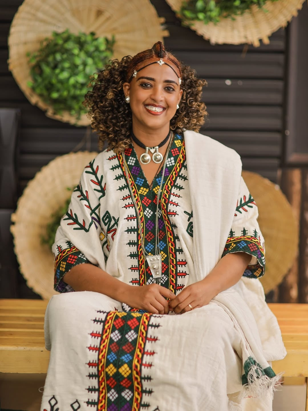 Green Gonder Fetel Habesha Kemis – Traditional Ethiopian Dress with Detailed Gonder-Style Stitching for Cultural Events
