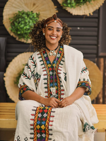 Green Gonder Fetel Habesha Kemis – Traditional Ethiopian Dress with Detailed Gonder-Style Stitching for Cultural Events