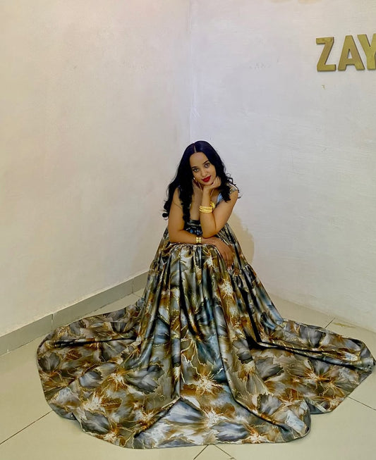 Green Chiffon Habesha – Lightweight Ethiopian Dress with Flowing Silhouette for Weddings and Cultural Celebrations