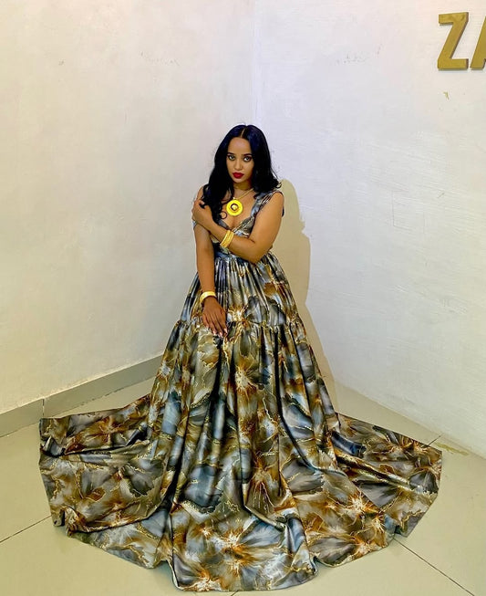 Green Chiffon Habesha – Lightweight Ethiopian Dress with Flowing Silhouette for Weddings and Cultural Celebrations