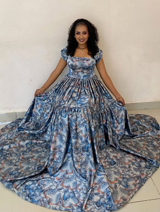 Blue Habesha shiffon – Flowing Ethiopian Chiffon Dress with Floral Design for Weddings and Evening Events