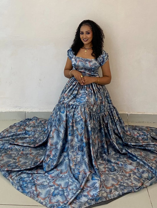 Blue Habesha shiffon – Flowing Ethiopian Chiffon Dress with Floral Design for Weddings and Evening Events