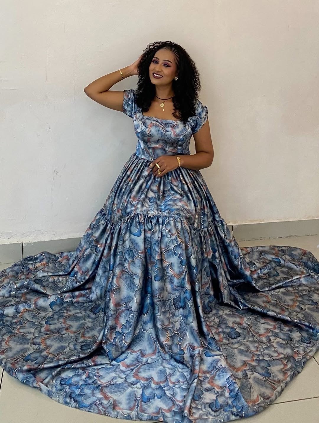 modern eritrean chiffon dress Blue Habesha shiffon – Flowing Ethiopian Chiffon Dress with Floral Des –  Habesha Outlets