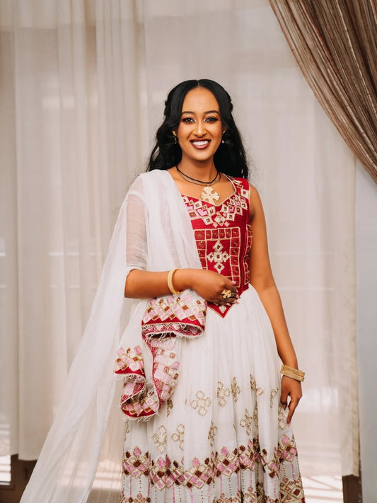 Red Habesha Libs – Traditional Ethiopian Dress for Weddings, Cultural Events, and Elegant Celebrations