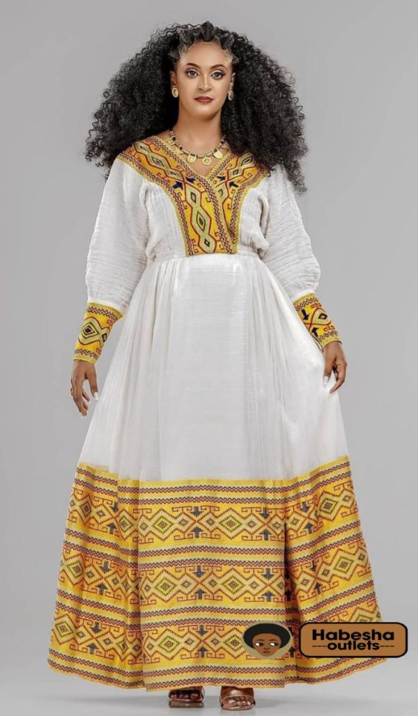 White Habesha Dress Handmade Zuria with Gold Detail