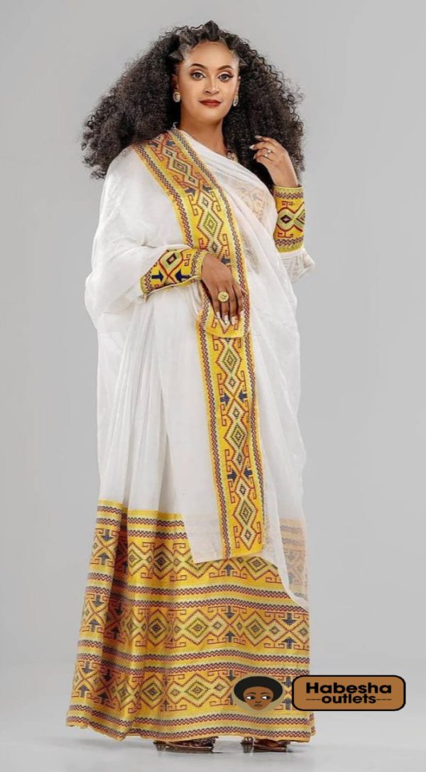 White Habesha Dress Handmade Zuria with Gold Detail - Image 2